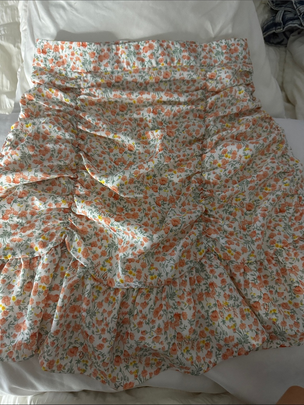 She + Sky White Floral Ruffle Skirt with Orange & Yellow Blooms